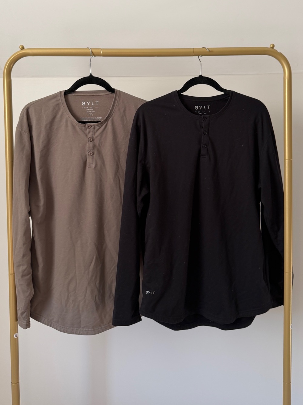 Lot of 2 BYLT Drop Cut Henley Men’s Long Sleeve Shirts Black and Taupe Sz L